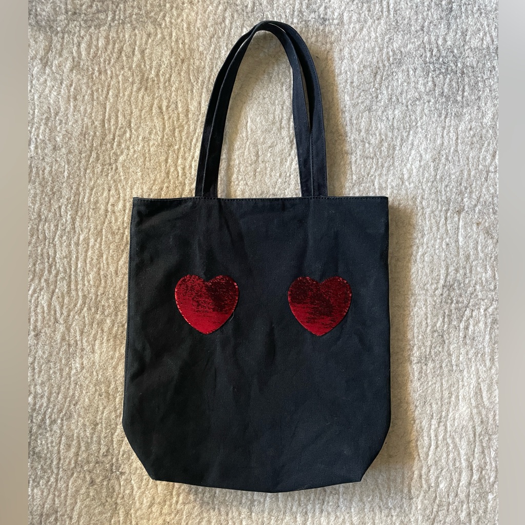 Marc Jacobs Rare Black Canvas Tote With Wallet And Red Sequin Hearts.